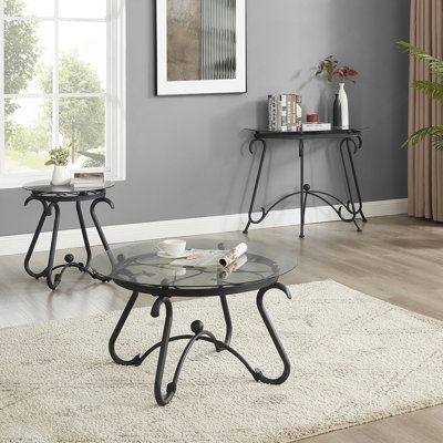 2 Piece Tempered Glass Surface Coffee Table Set, Decor Coffee Table Round End Side Table With Sturdy Construction For Living Room (Rustic Black)