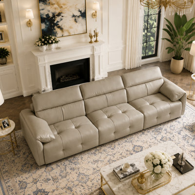 122.05'' Oversize Genuine Leather Sofa, Tufted 3-Seater Couch with Pillow Arms, Adjustable Headrests, and Drop-Down Cup Holder Console For Living Room 