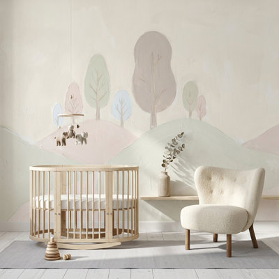 Pastel Landscape Wallpaper Rolling Hills Removable Stylized Trees Wall Decor