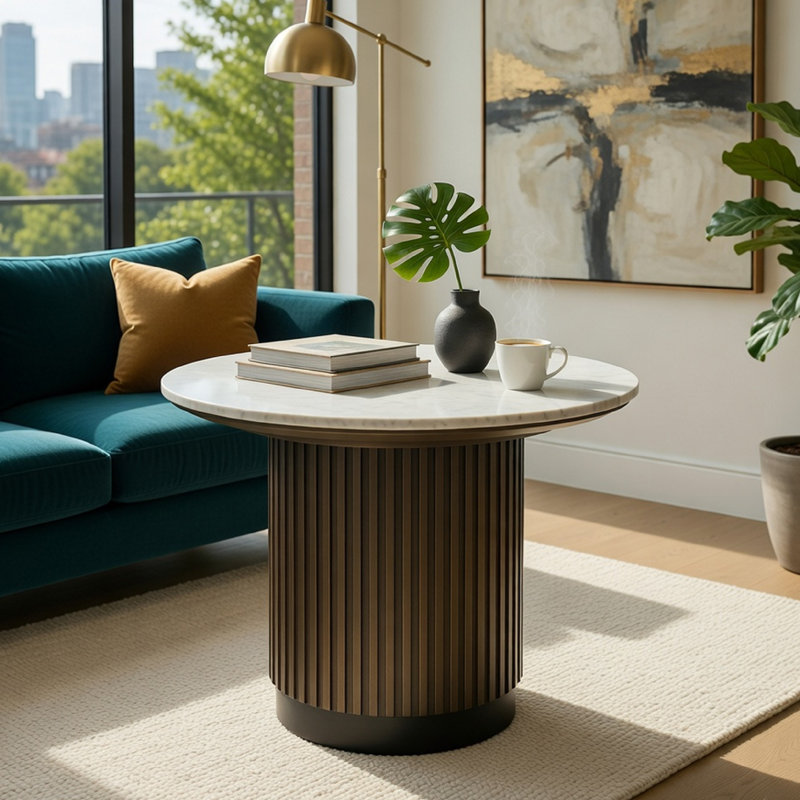 Table de bout Jeh, plateau rond blanc de 22 po, base cannelée, brun chêne