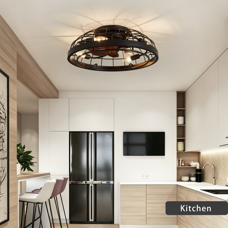 19.7" 4-Light Black Flush Mount Caged Ceiling Fan with Light, Low Profile Fandelier with 6-Speed Remote Control, Reversible DC Motor, Timer