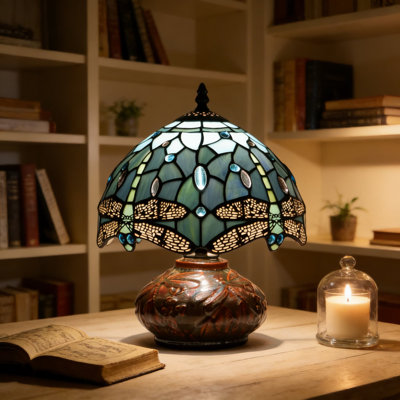 Tiffany Style Table Lamp With Stained Glass Mushroom Shade And Antique Ceramic Base, Handcrafted Dragonfly Design For Bedroom, Living Room, Or Office Decor