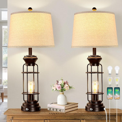 Ensemble de 2 lampes de table 28,5 "de style campagnard pour chambre à coucher, 2 grandes lampes de salon avec port de charge USB double, lampe de table bronze huilé avec abat-jour avoine blanc, ampoules incluses