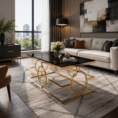 Luxury Glass Coffee Table with Gold Metal Frame, Rectangular Cocktail Table with Geometric Circle Base, Glam Center Table for Living Room