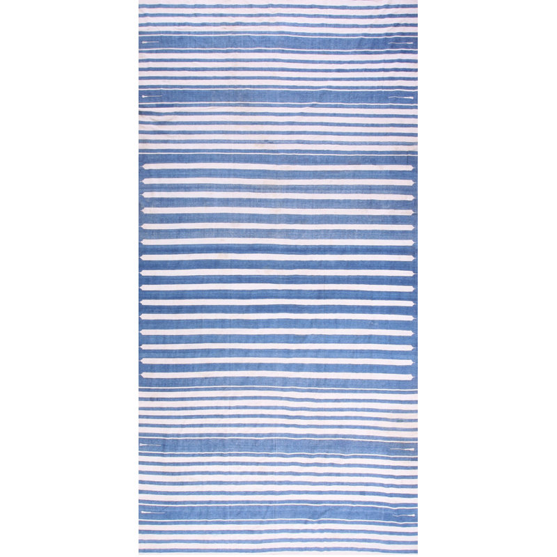 Early 20th Century Blue White Stripes Antique Indian Cotton Dhurrie Flatweave Rug