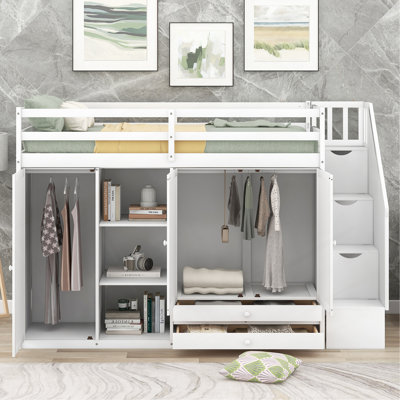 Functional Loft Bed With 3 Shelves, 2 Wardrobes And 2 Drawers,  Ladder With Storage, No Box Spring Needed, White