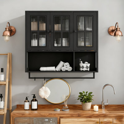 Bathroom Wall Cabinet, 3-Door With Open And Hidden Storage, Glass Door, Towel Bar, Versatile For Multiple Rooms