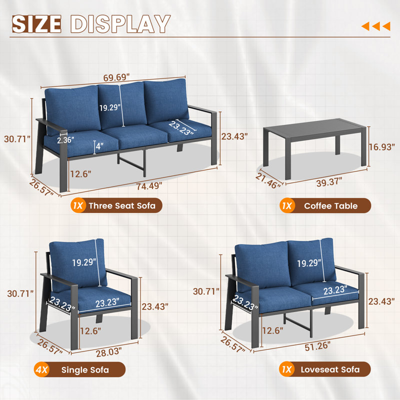 Ensemble de conversation en aluminium pour 9 personnes avec table basse Grand, Marine, Non