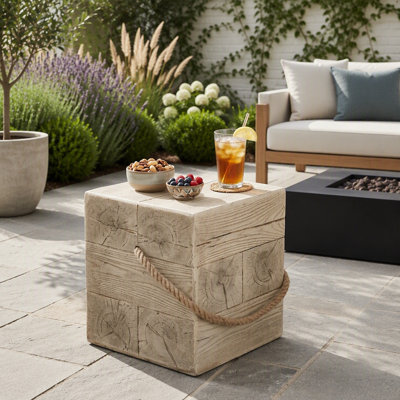 Table d'appoint d'extérieur carrée en grain de bois MGO avec corde tressée simulée - Table de bout intérieure rétro pour la maison et le patio