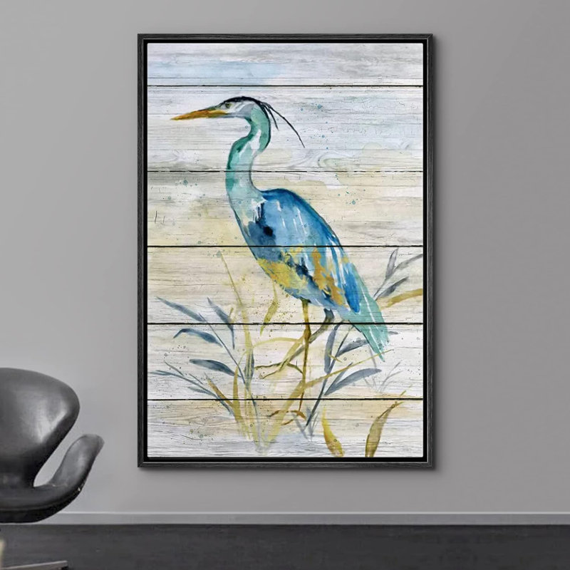 Modern Black Framed Canvas Art with Blue Crane Bird