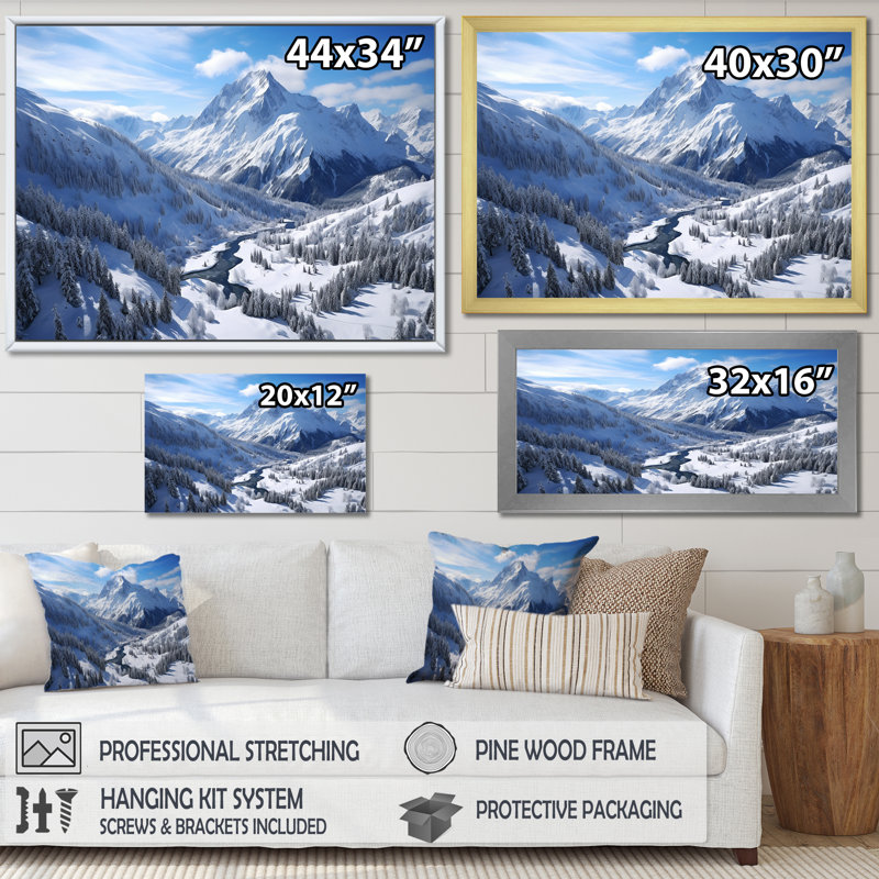 Paysage de montagne d'hiver - Vallée d'hiver, Cadre doré à coins fermés, H 12 po x l 20 po x P 1 po