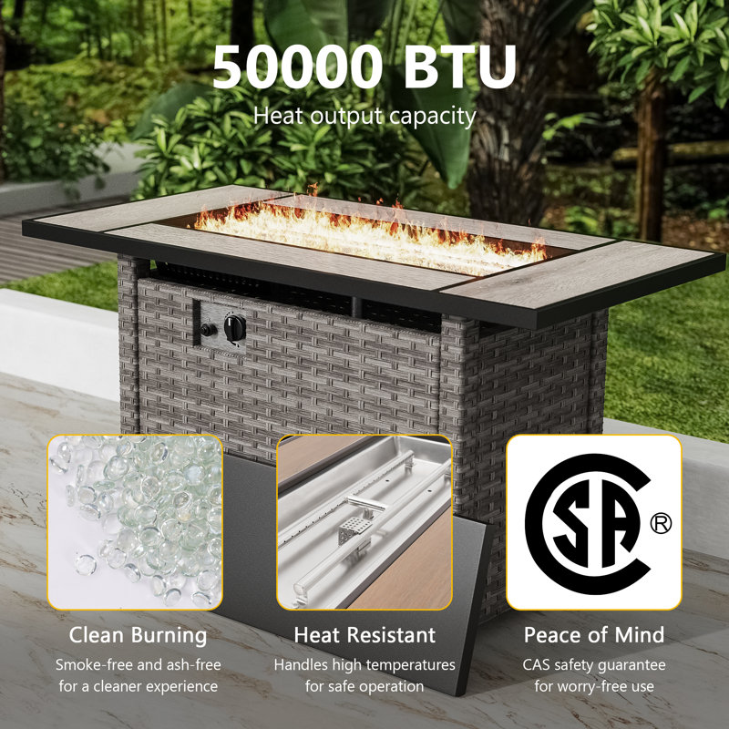 45 inch 50,000 BTU Outdoor Wicker Patio Gas Fire Pit Table, Gray