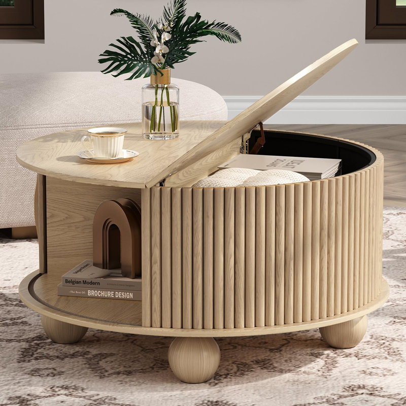 Table basse ronde avec rangement, table basse cannelée relevable 31,5 po, chêne, Chêne