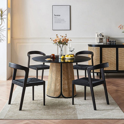 4 - Person Black Round Solid Wood Dining Table Set