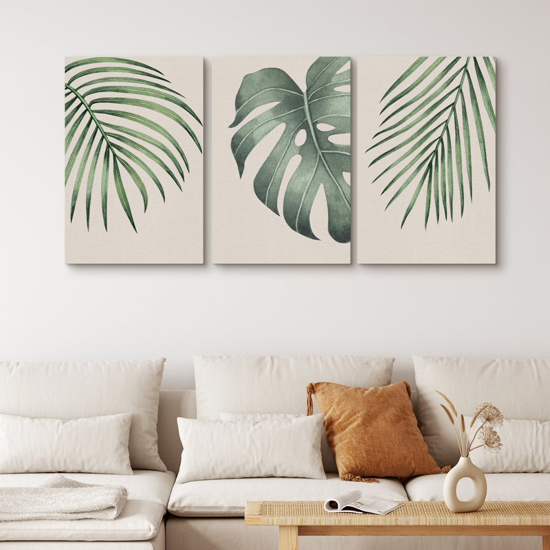 Minimal Botanical Green Tropical Island Monstera Palm Tree Leaves Picture Framed Canvas 3 Piece Print Set Wall Art