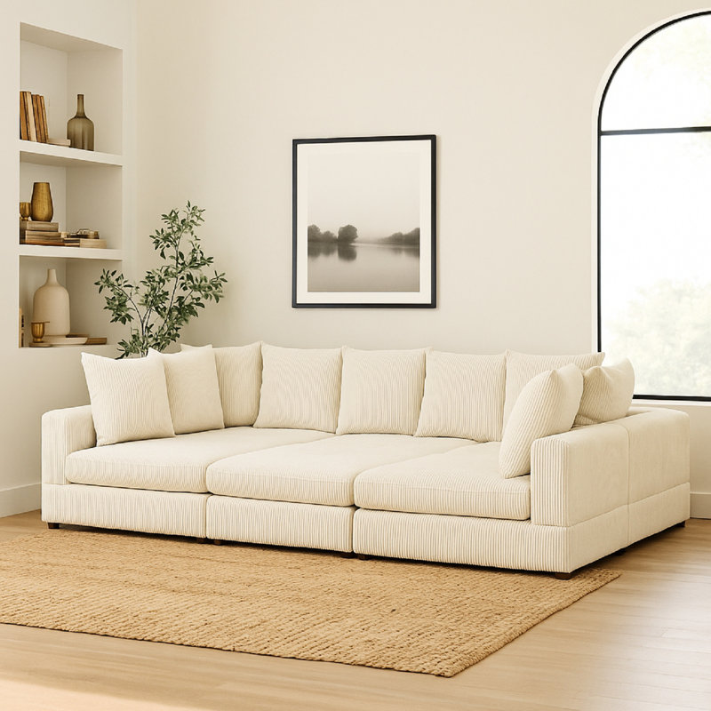 6 - Piece Corduroy Sectional For Relaxing, Cream Color, Coil And Sinuous Spring, Low Profile Legs, 36 In Height Colored Modular Corduroy, Comfortable Entertaining, Plastic Seats
