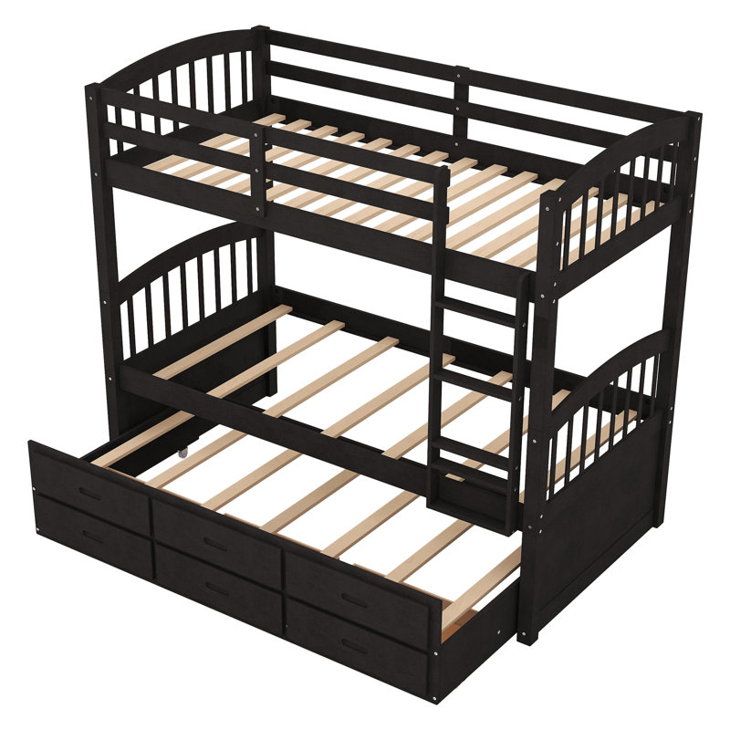 Lit simple superposé au dessus d'un lit gigogne et tiroirs - Porte-revues compact, Espresso