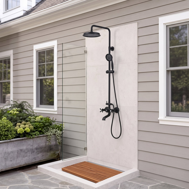 Système de douche d'extérieur mural 64 "à trois fonctions en laiton massif H 64", Noir mat