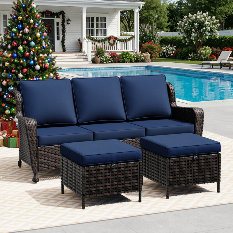 3-Piece Patio PE Wicker Outdoor Conversation Set with 3-seat sofa, 2 Ottomans & Blue Cushions, Blue