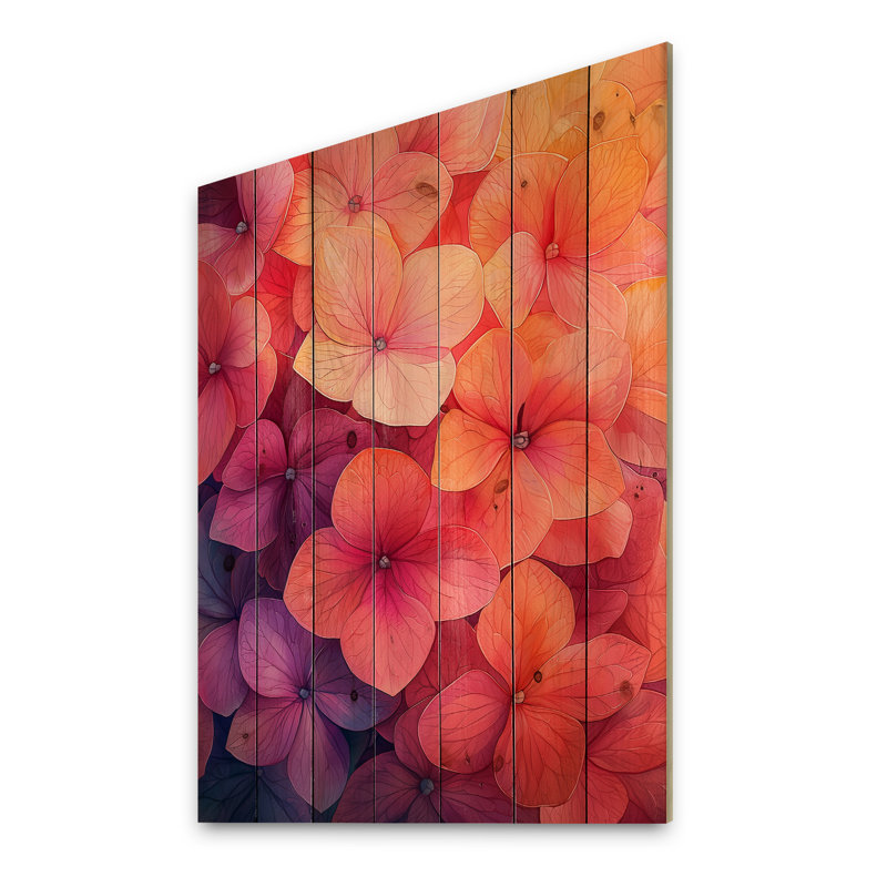 Hortensias au coucher du soleil, lueur II - hydrangées, art mural sur bois de pin naturel, H 20 po x l 10 po x P 0,78 po