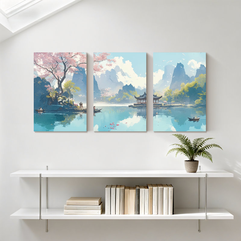 Paysage et nature Cherry Blossom Lake Pavilion Mountains réflexion bateau printemps paysage ensemble de 3 impressions d'art sur toile
