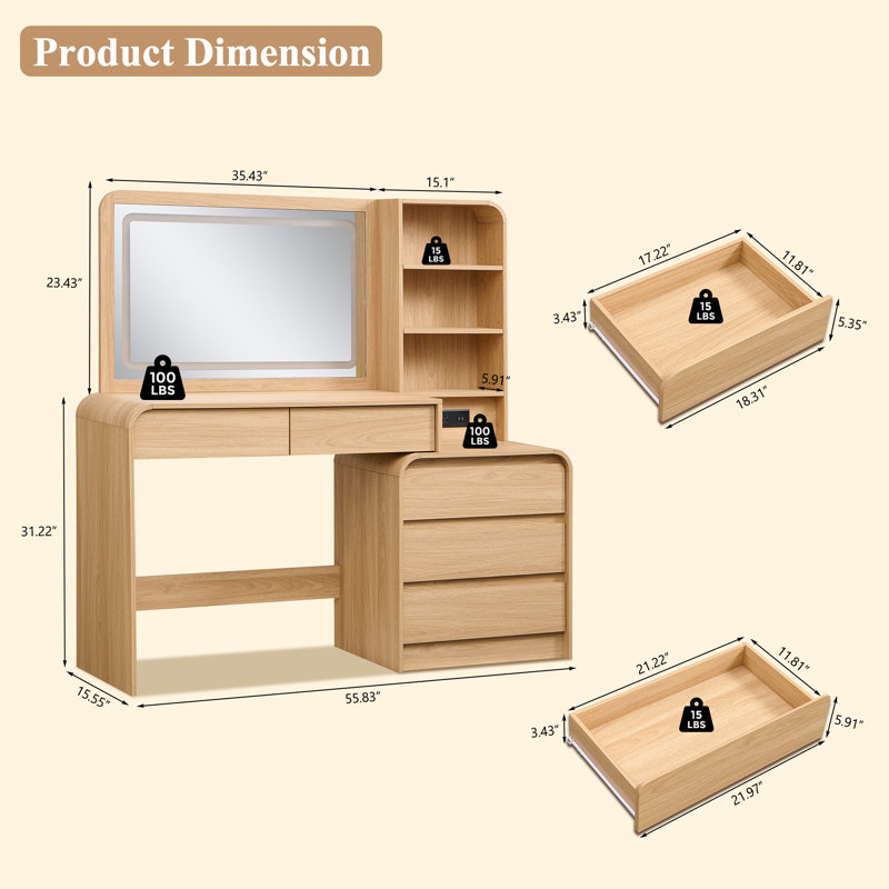 Grand meuble-lavabo moderne l 55 po avec 5 tiroirs et tablettes réglables, miroir lumineux à DEL et prises de courant pour la chambre à coucher