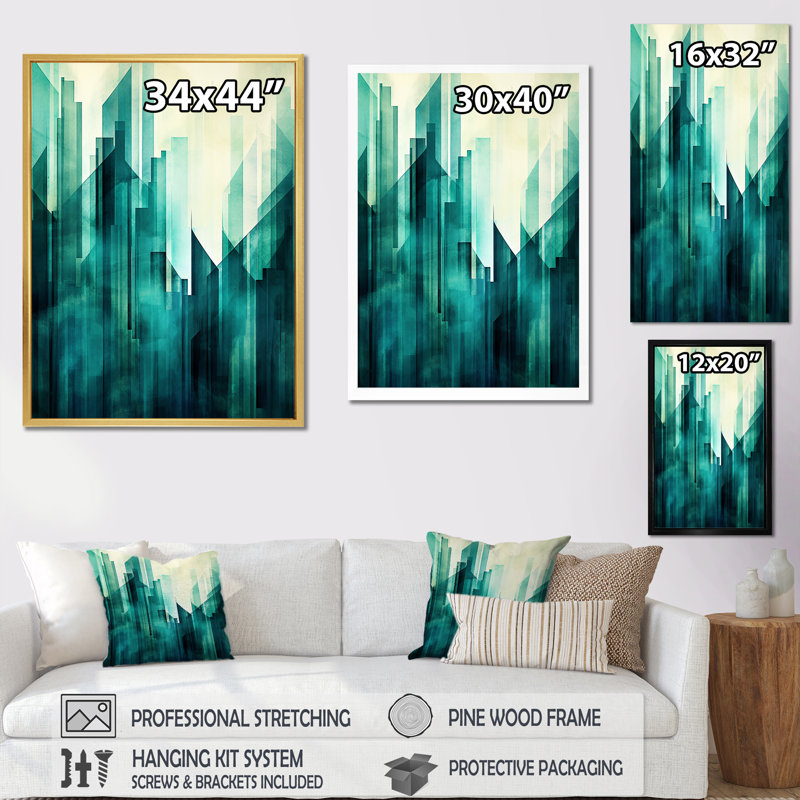 «Skyscrapers Teal Towers High Rise City I», reproduction sur toile, Cadre simple noir, H 40 po x l 30 po x P 1,5 po