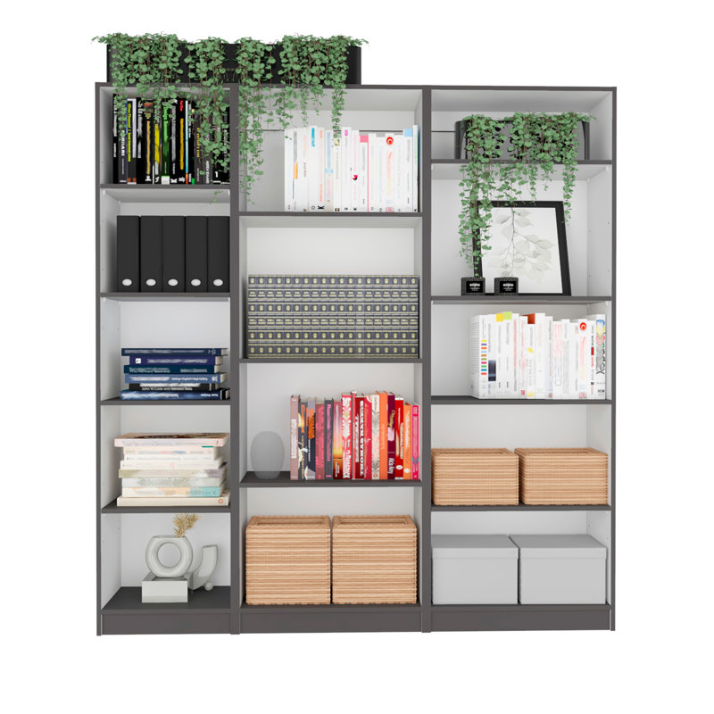 Dupree 3 Piece Home Bookcase Set, 67" Wide With 14 Shelves ,  Living Room Set Set  Mat Gray - White, Gray/White