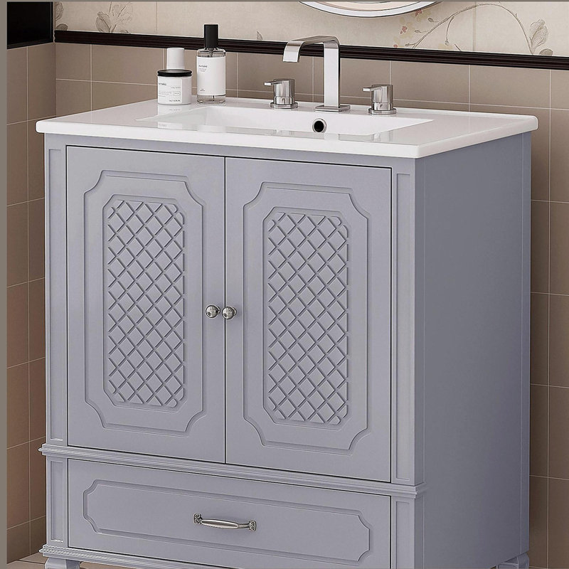 Meuble-lavabo 30 po avec lavabo style rétro, espace de rangement multifonctionnel, tablette de porte, porte à fermeture en douceur, gris