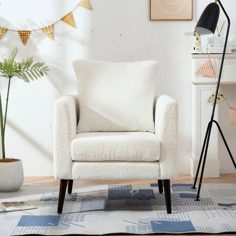 Chaise d'appoint moderne avec pieds en bois brun et design tendance - Revêtement en tissu blanc rembourré pour plus de confort