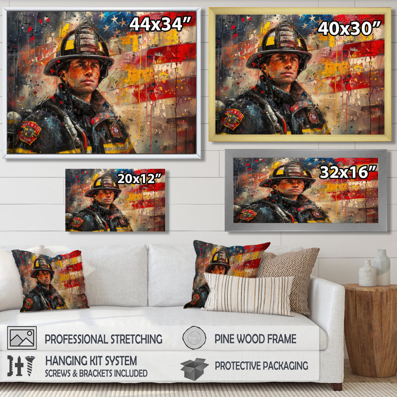 «Patriot Firefighter Hero I - Fireman Wall Art Living Room», H 16 po x l 32 po x P 1 po