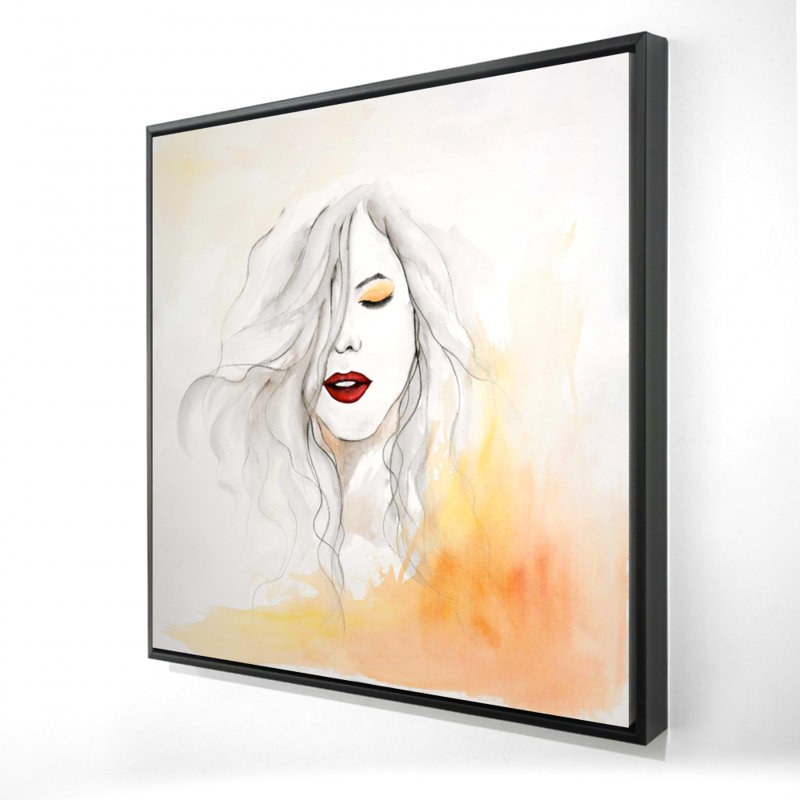 Femme avec des lèvres rouges - toile encadrée 36 po x 36 po