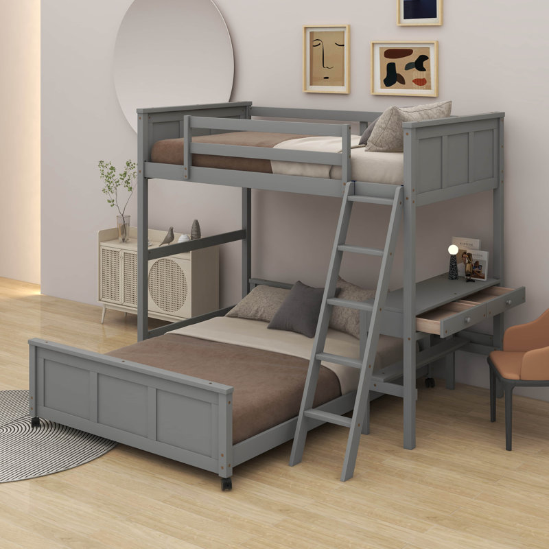 Lit simple superposé au dessus d'un lit double avec bureau, gris