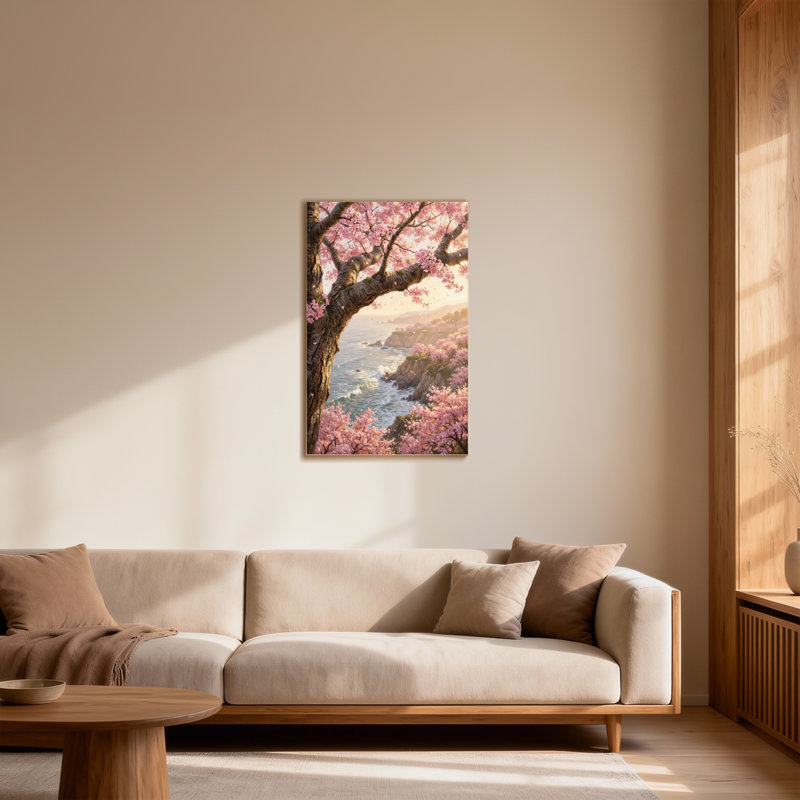 Plantes et fleurs de cerisier en fleurs avec vue sur la côte, H 40 po x l 28 po