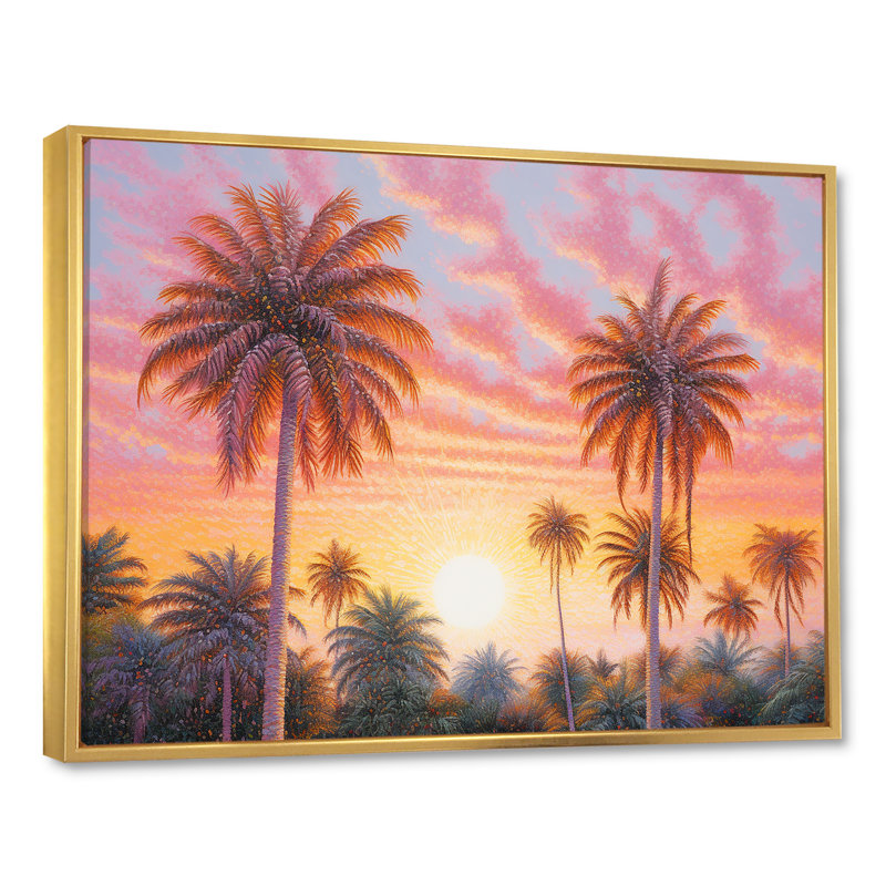 Rose radiance coucher de soleil palmiers V, H 16 po x l 32 po x P 1 po, Cadre flottant doré