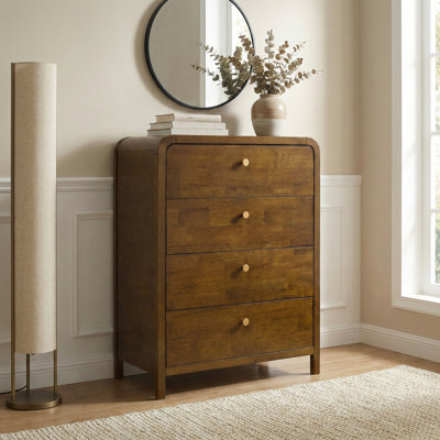4-Drawer Wood Chest with Solid Rubberwood Frame, Walnut Finish