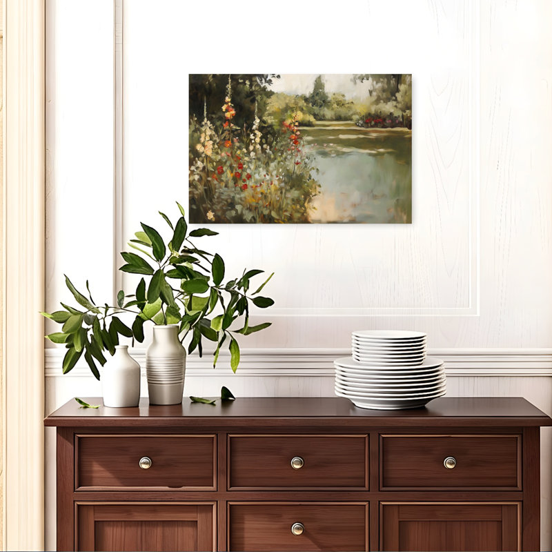 «Garden At The Lake Organic Peaceful Serene Flower Landscape», art mural, 16" H x 24" W
