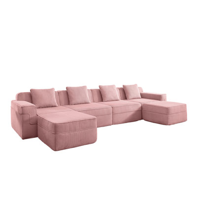 Cloud-like Comfort Modular 4-seat U-shaped Sectional Sofa With Corduroy Fabric, Movable Ottomans, And Throw Pillows, Pink