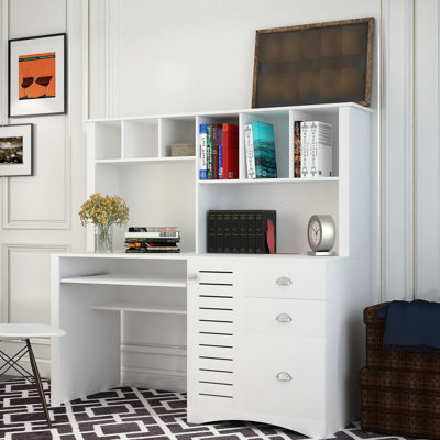 Antiqued White Home Office Desk With , 59.51*24.11*57.52", 2 Open Shelf, 3 Large Drawers, Concealed Cabinet For Protection, Scratch Computer Cabinet, Waterproof And Robust