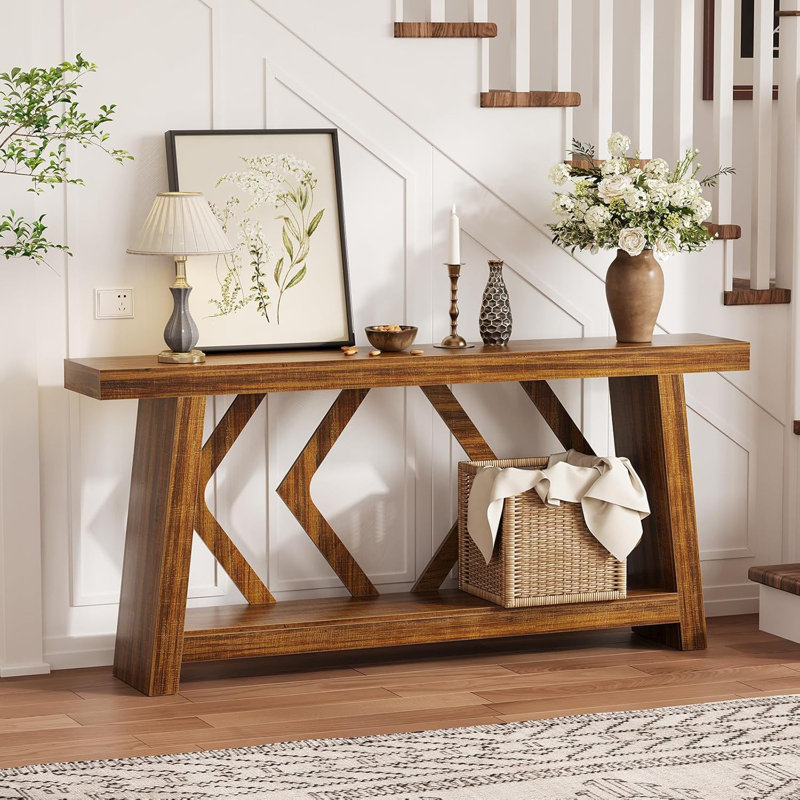 Canapé console 70,9 "tout bois, entrée à 2 niveaux avec pieds trapézoïdaux stables, Brun
