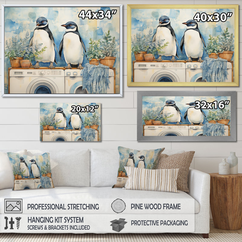 «White and Blue Penguins Laundry Room I» - Art mural, H 20 po x l 12 po x P 1 po