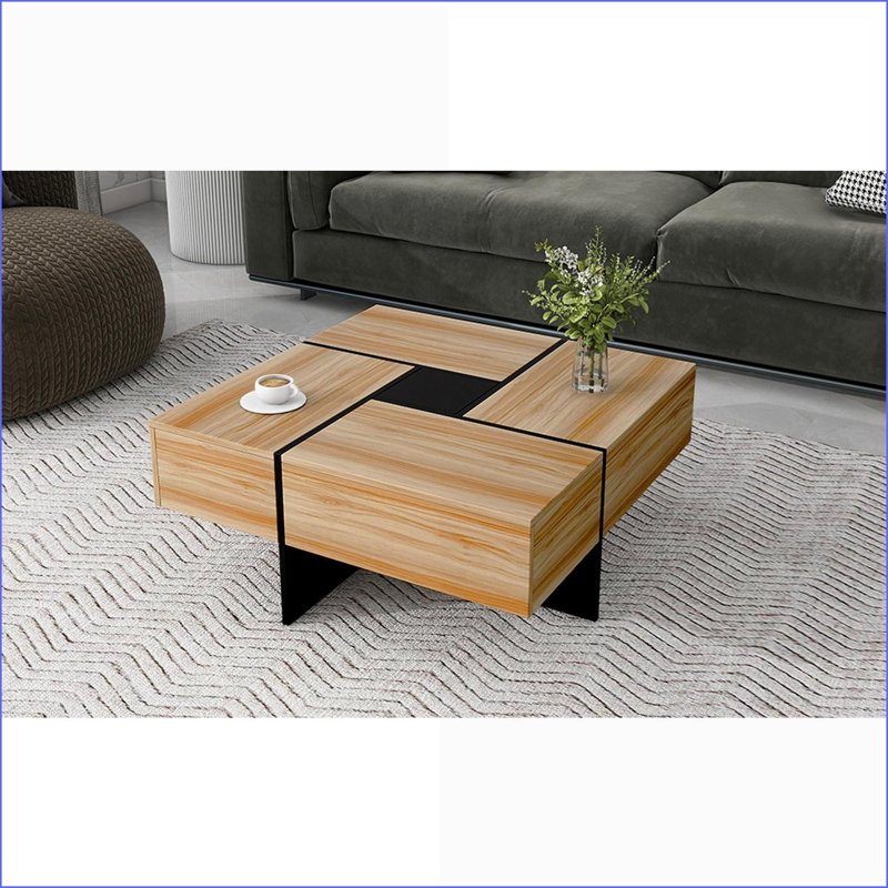 Table basse extensible brune à 4 voies avec 4 rangements cachés, panneau de particules robuste pour le salon, Brun / Noir