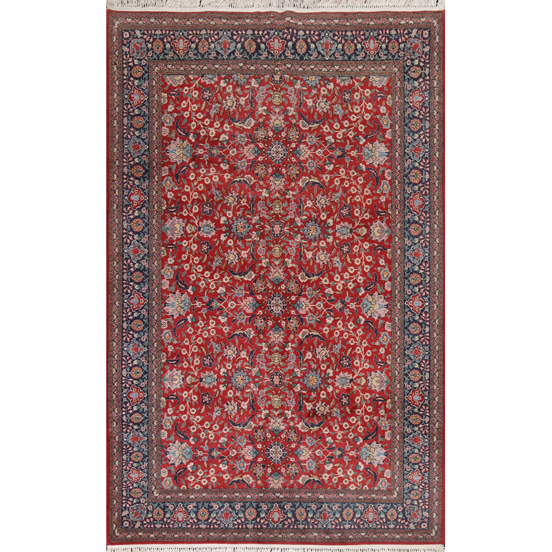 Tapis rouge en laine noué à la main de conception unique 6 pi 5 po x 9 pi 7 po New Age