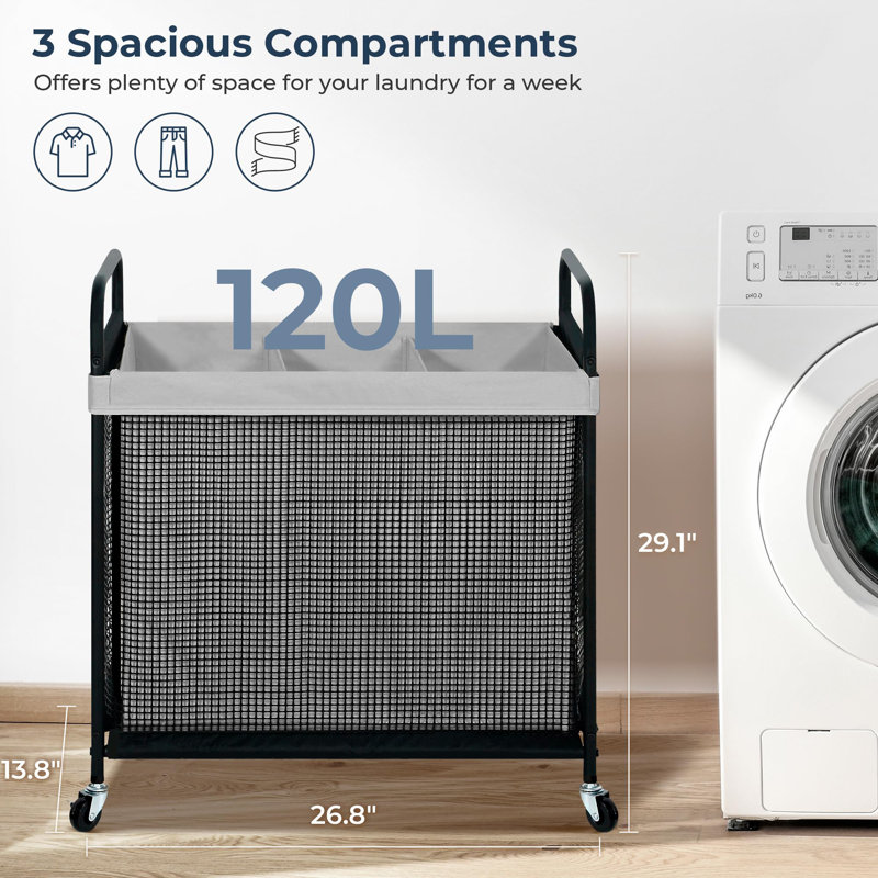 120L Rolling Laundry Sorter Cart with Removable and Washable Liner Bag, Light Gray, 29.1" H x 26.8" W x 13.8" D