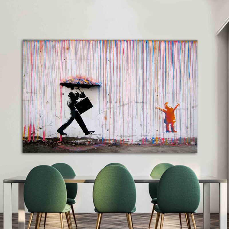 Art mural abstrait abstrait en verre trempé sur le thème de la pluie avec parapluies colorés pour une décoration moderne