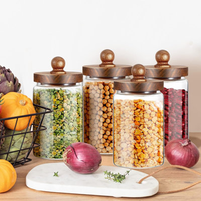 4 pots de rangement en verre 32 oz avec couvercles en bois d'acacia