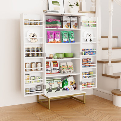 Multifunctional Pet Storage Cabinet, 51.38" Tall Dog & Cat Food Organizer with Adjustable Shelves, White & Gold Pet Pantry Cabinet with Doors for Food, Toys, Leashes & Supplies