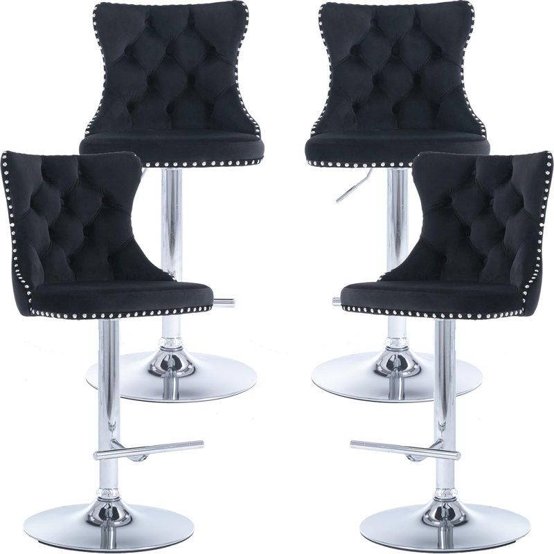 Modern Upholstered Tufted Swivel Velvet Bar Stools (Set of 4), Black