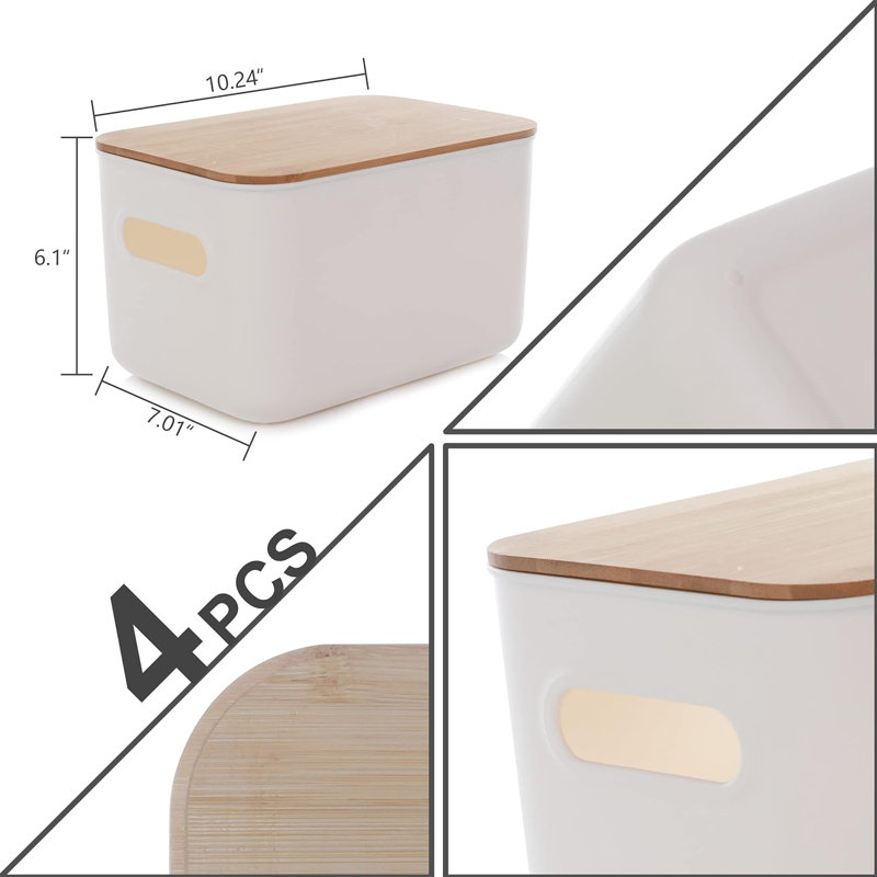 4 Packs Plastic Storage Bins With Bamboo Lids Stackable Storage Containers For Organizing, Bundled With Labels And Marker 10.24 X 7.01 X 6.1 Inch