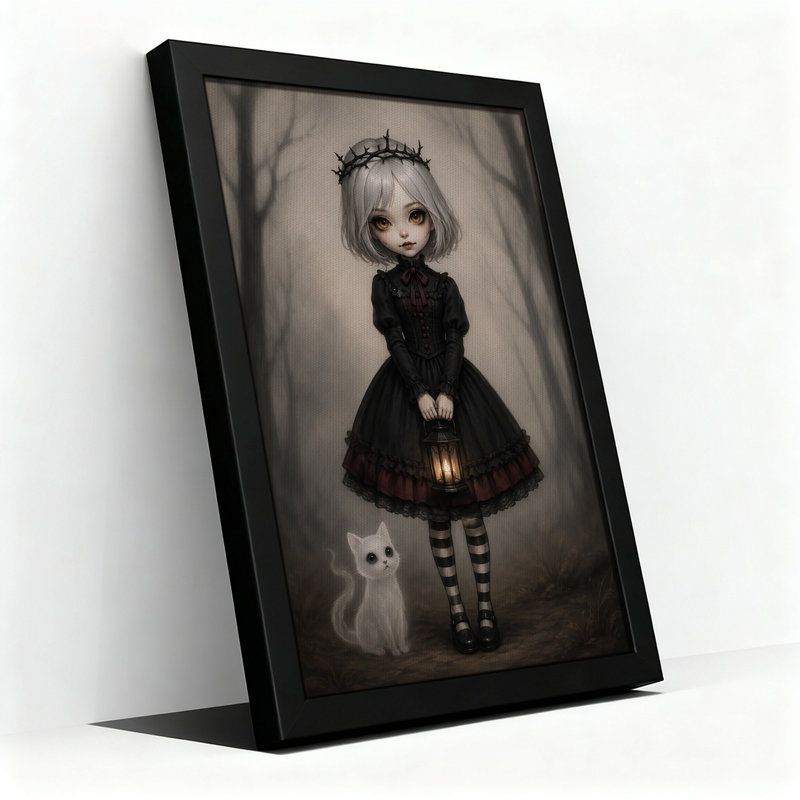 Toile gothique, fille et chat blanc tenant une lanterne en Halloween, H 18 po x l 12 po